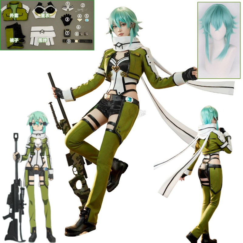 Cosplay Anime Online - SAO ソードアートオンライン GGO シノンコスプレ衣装黒フード付きジャケットユーティリティベルト膝パッドポーチセット女性用ハロウィンパーティー