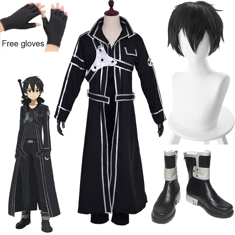 Cosplay Anime Online - アニメkirigaya和人コスプレ衣装ソードアートオンラインキリト靴alicizationかつらブーツ制服セット大人ユニセックス