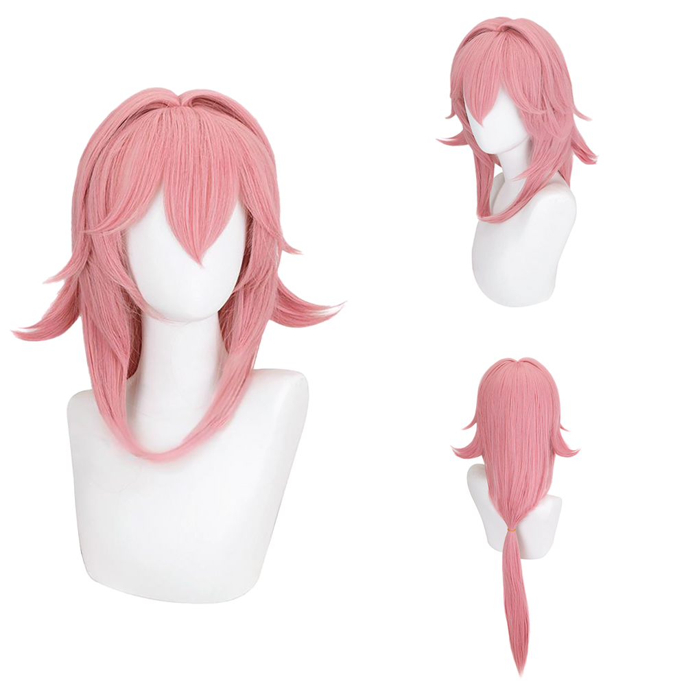 八重巫女コスウィッグ ピンク ナチュラル ロングポニーテール - Cosplay Anime Yae Miko のレビューと価格